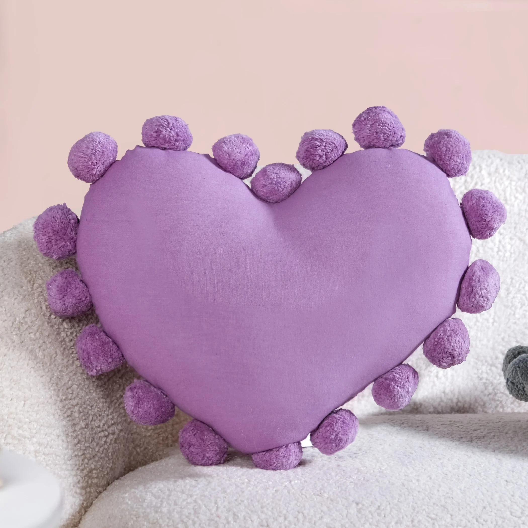 Pom Pom Heart Sofa Cushion Purple 40x35cm - Image 6