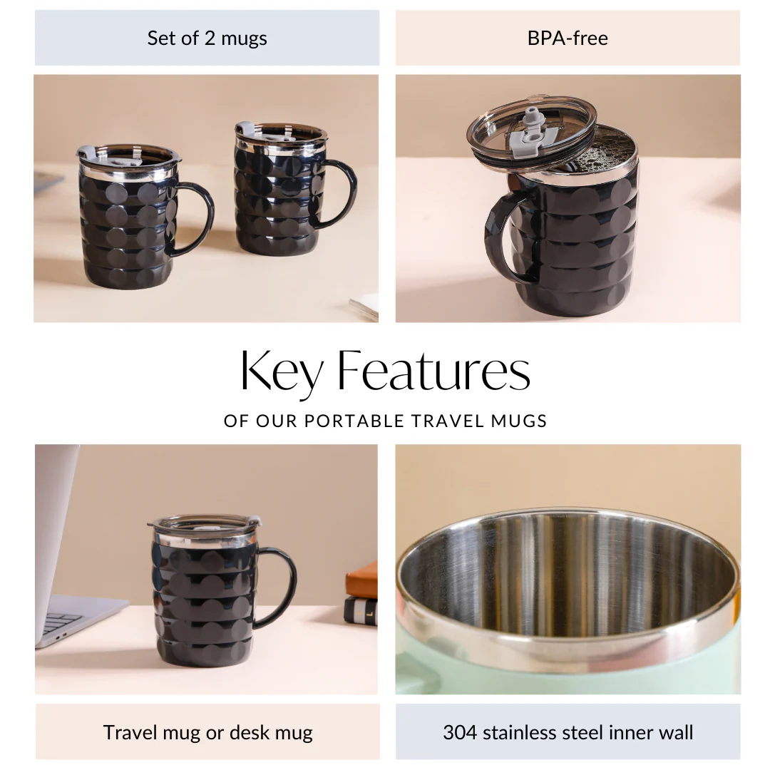Portable Travel Mug For Couples Set Of 2 Black 400ml - Image 6