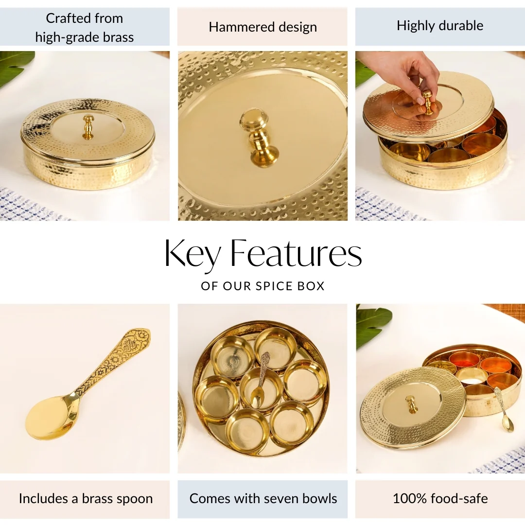 Pure Brass Hammered Masala Box Set With Spoon - Image 5