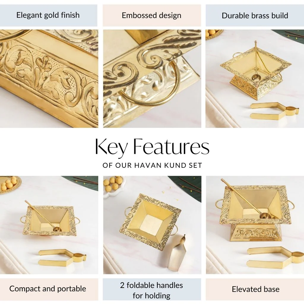 Pure Brass Havan Kund With Handles Spoon And Tongs - Image 6