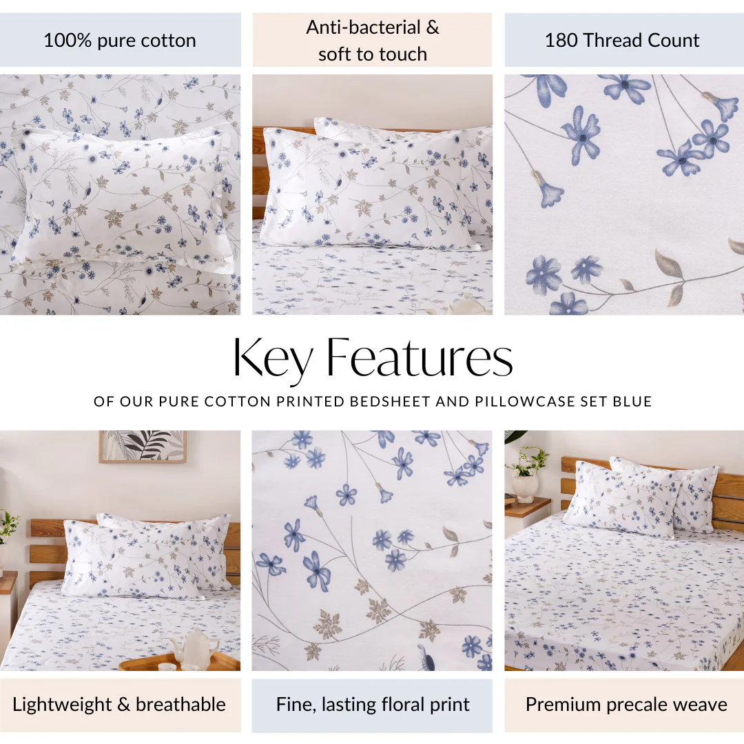 Pure Cotton 180 TC Printed Bedsheet And Pillowcase Set King Size Blue 275x275 cm - Image 4