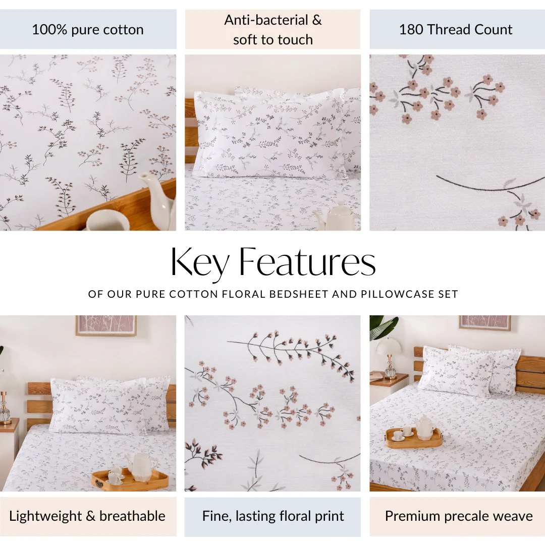 Pure Cotton Floral Bedsheet And 2 Pillowcase Set 180TC King Size 275x275 cm - Image 4