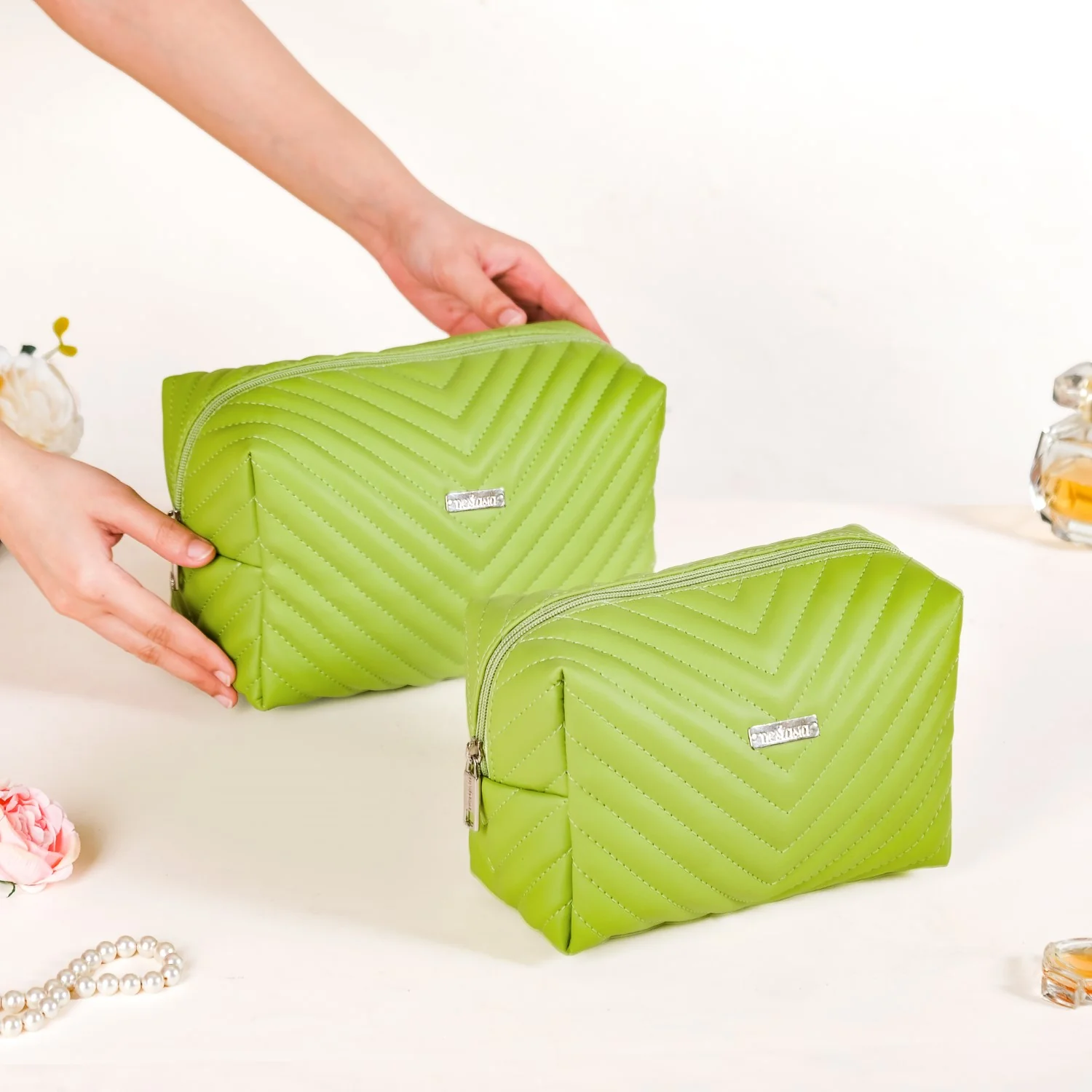 Quilted Vegan Leather Makeup Organizer Set Of 2 Green - Image 2