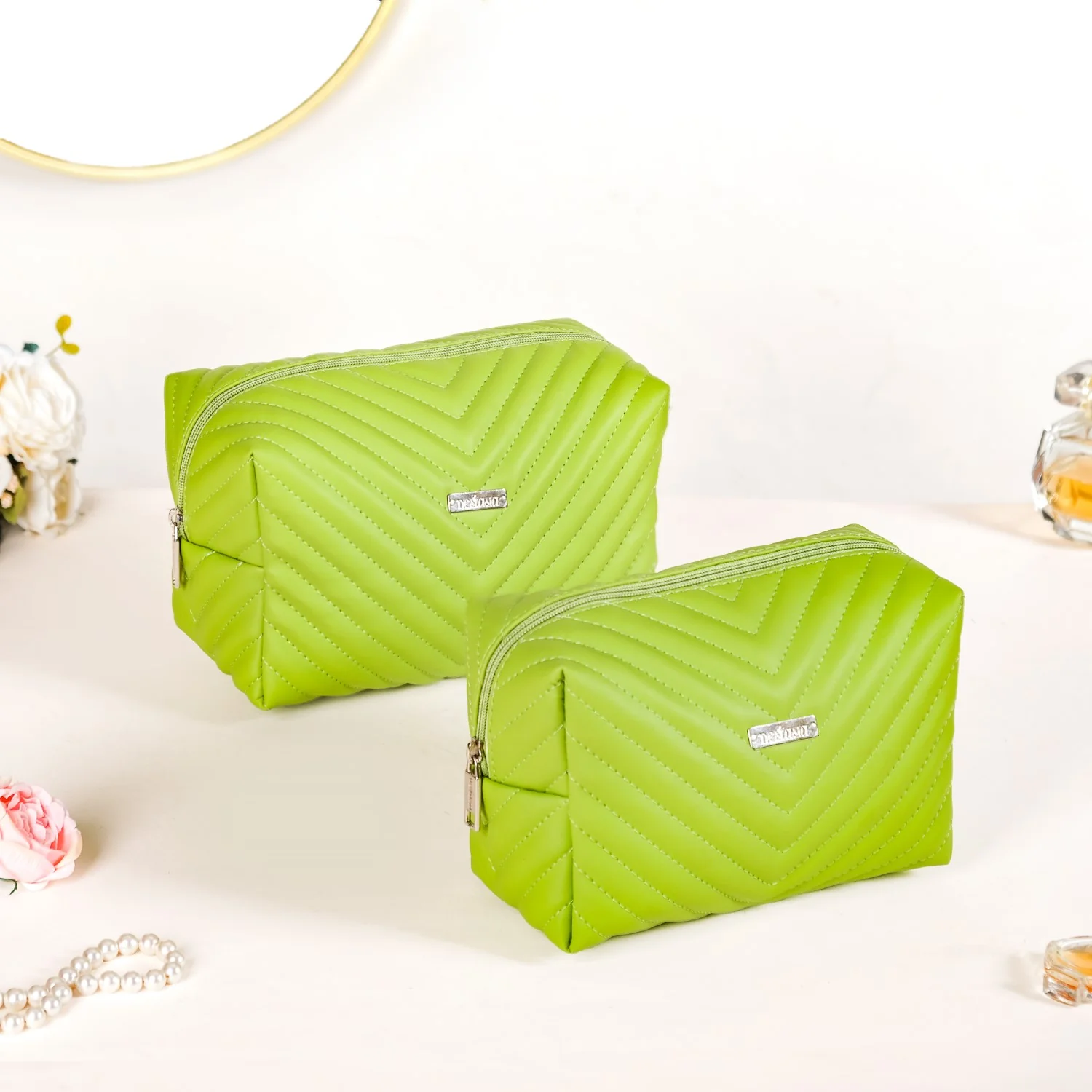 Quilted Vegan Leather Makeup Organizer Set Of 2 Green - Image 3