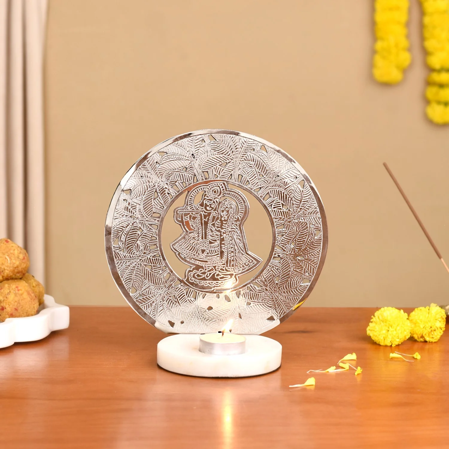 Radha Krishna Pure Brass Tealight Candle Holder - Image 2