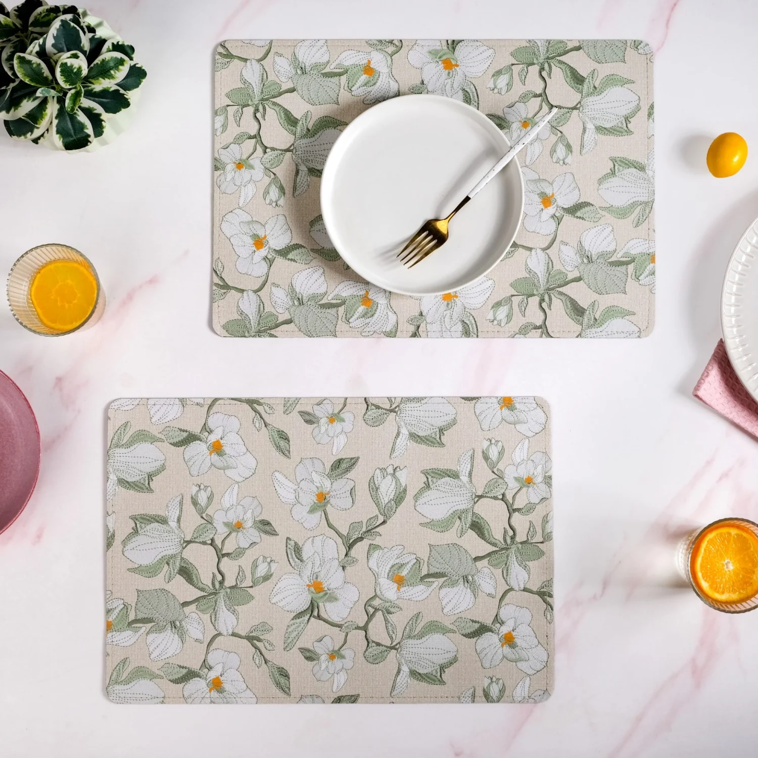 Rectangular Green Poppy Printed Placemats Set Of 6 - Image 7