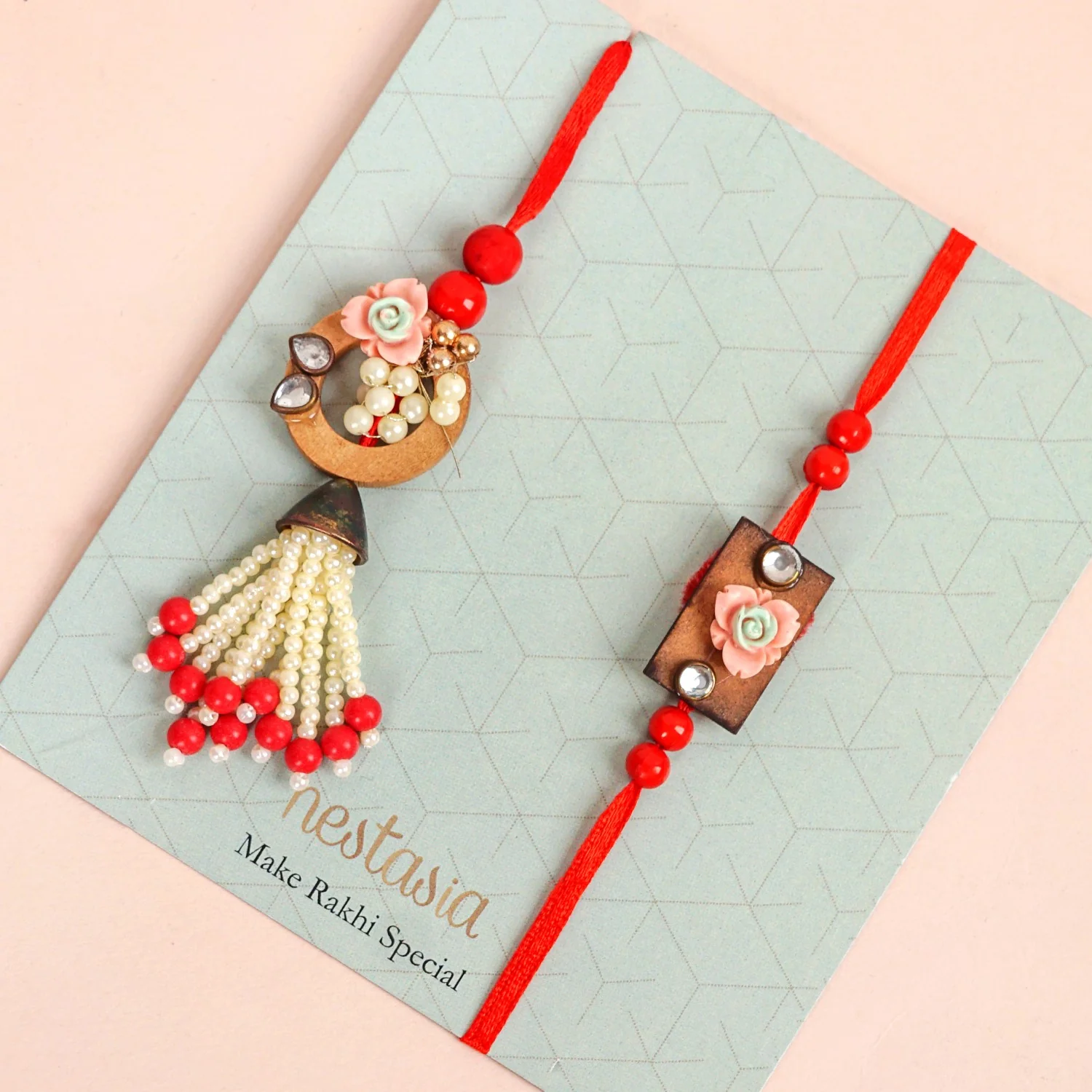 Red Beads Rustic Charm Rakhi Lumba Gift Set - Image 6
