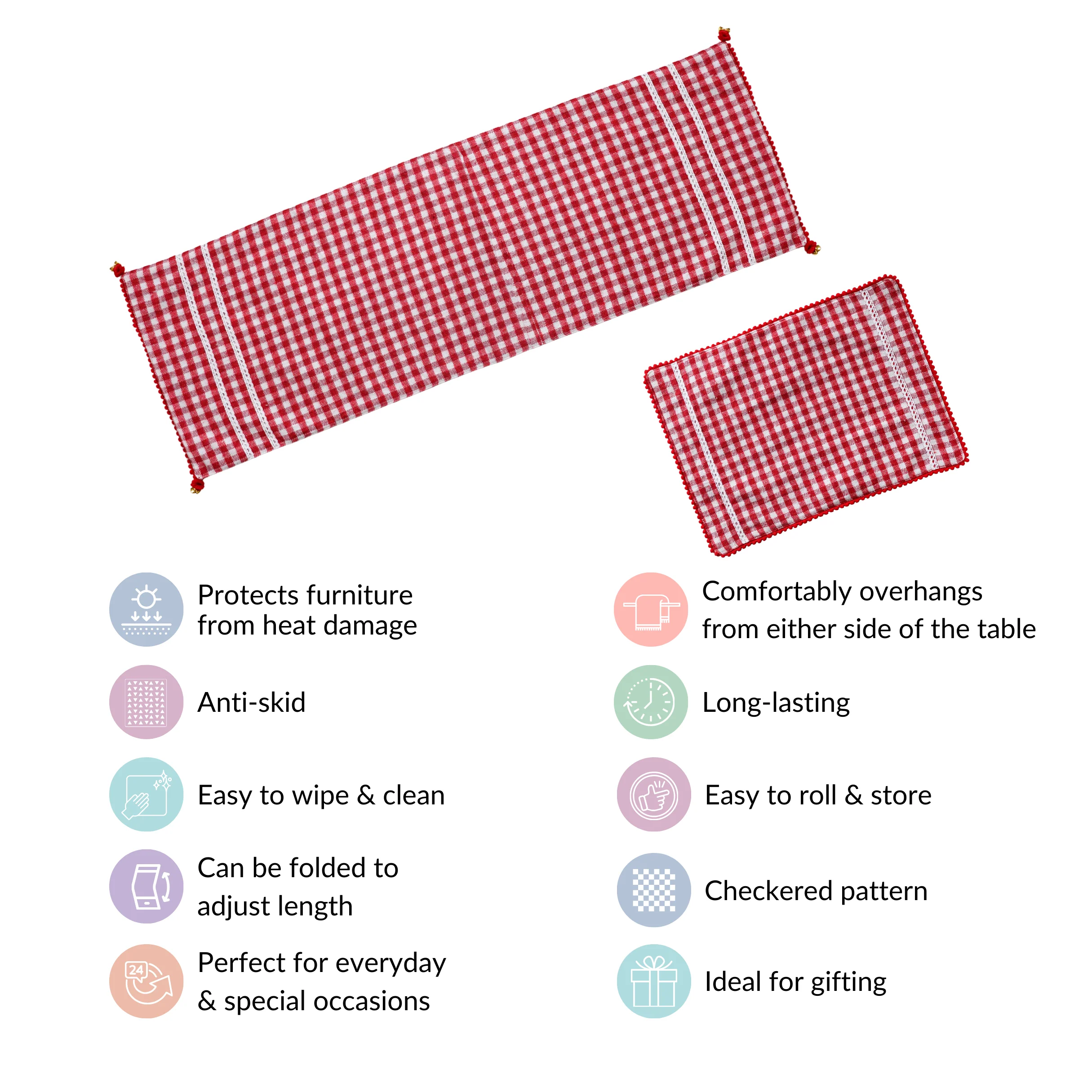 Red Checkered Cotton Table Runner With 6 Table Mats - Image 6