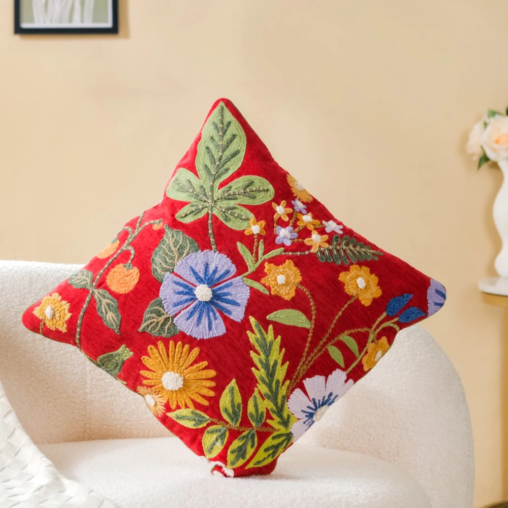 Red Cushion Cover With Floral Embroidery 16x16 Inch - Image 2