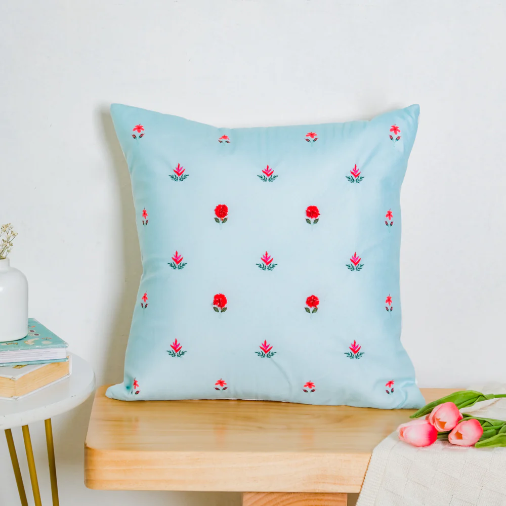 Red Orchids Hand Embroidery Velvet Cushion Cover 16 inch - Image 3