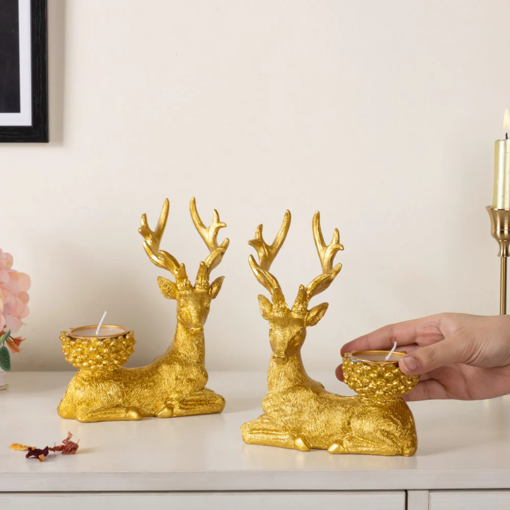 Reindeer Showpiece With Candle Stand Gold 7 Inch Set Of 2 - Image 2