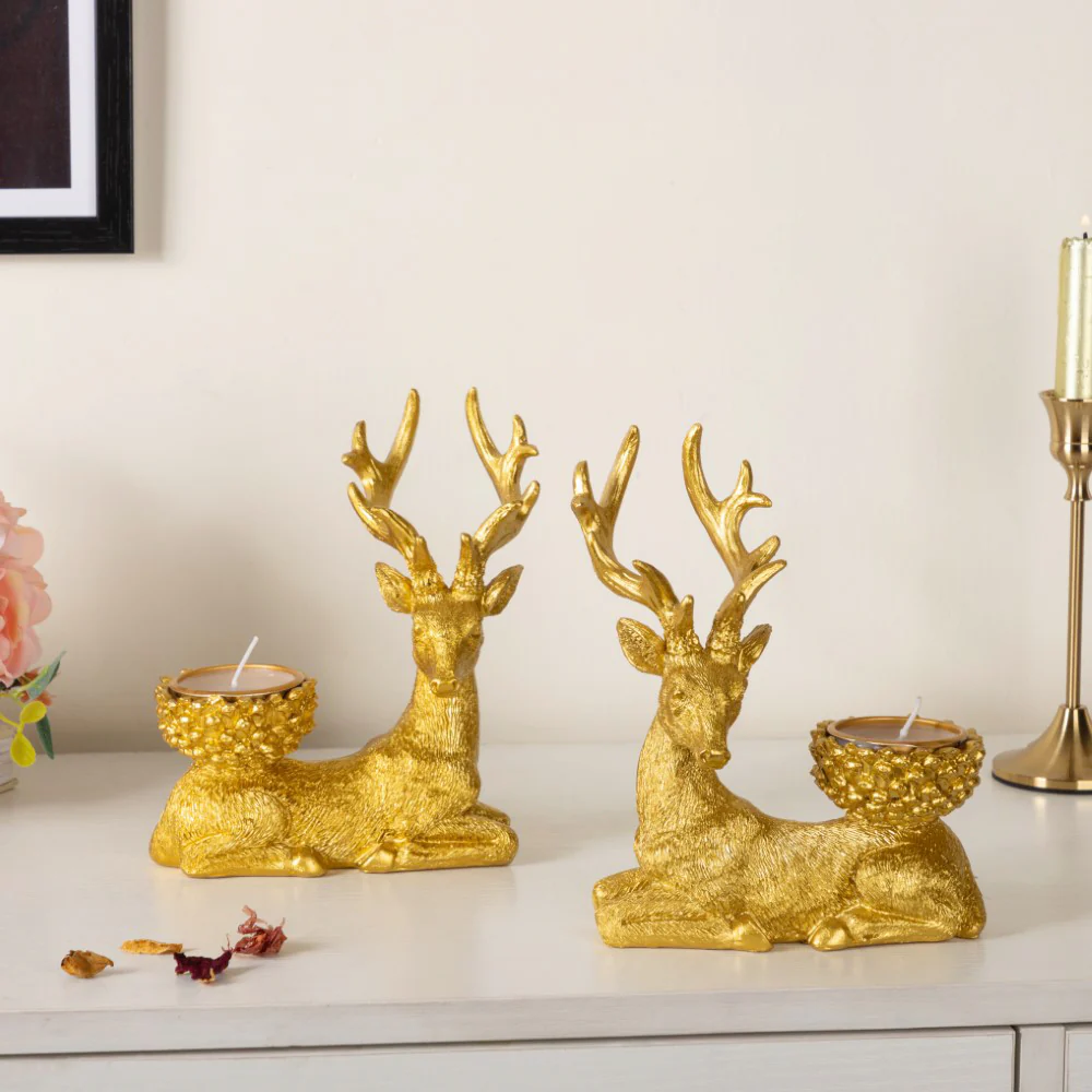 Reindeer Showpiece With Candle Stand Gold 7 Inch Set Of 2 - Image 3