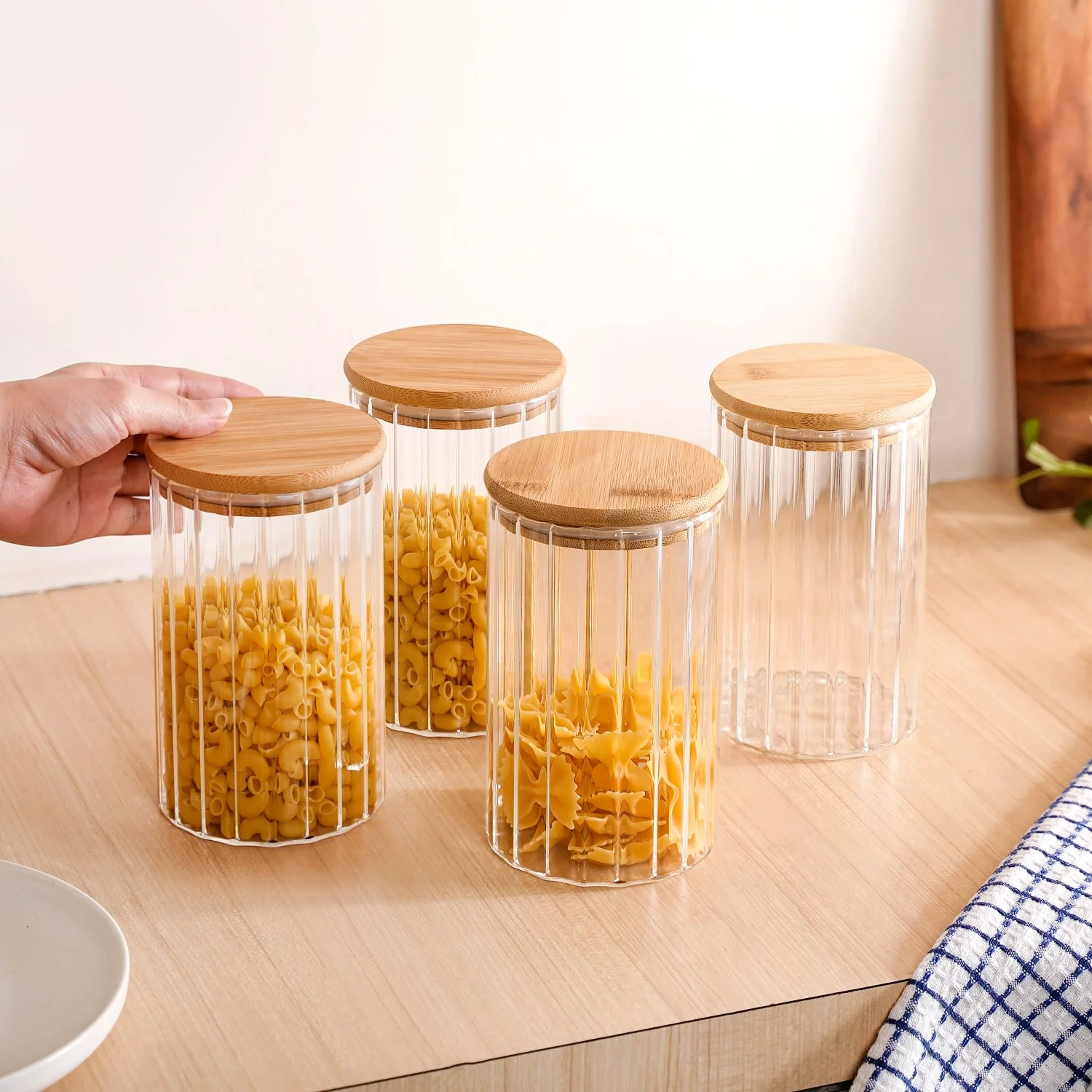 Ribbed Airtight Kitchen Storage Glass Jar Set Of 4 1000ml - Image 2