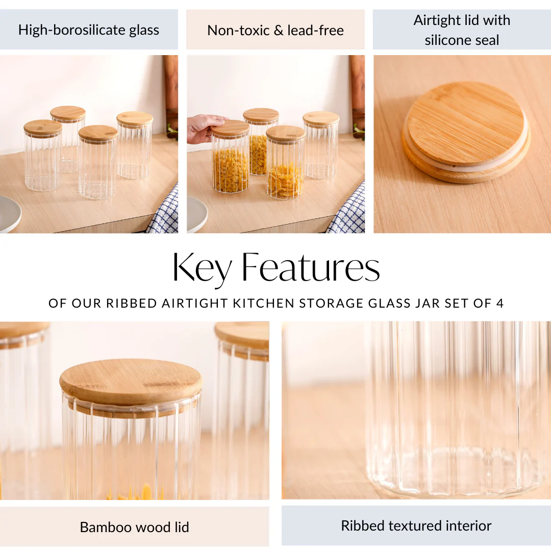Ribbed Airtight Kitchen Storage Glass Jar Set Of 4 1000ml - Image 5