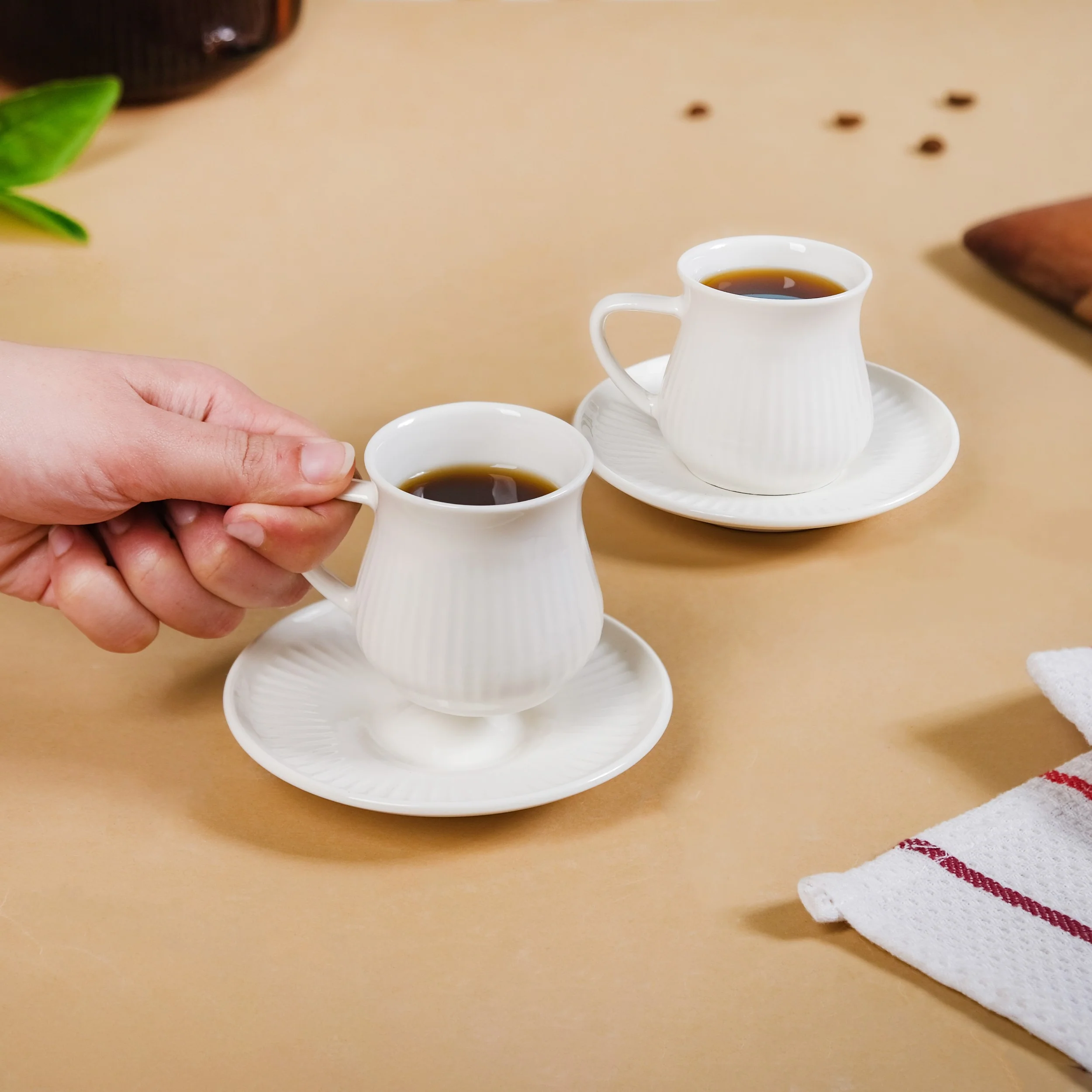 Ribbed Ceramic Cup With Saucer Set Of 2 100ml - Image 6