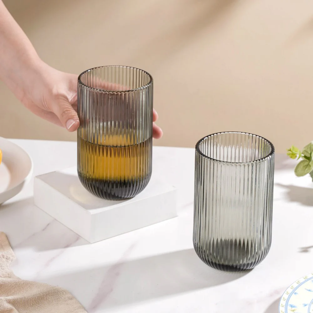 Ribbed Drinking Glass Ash Grey Set Of 6 350ml - Image 3