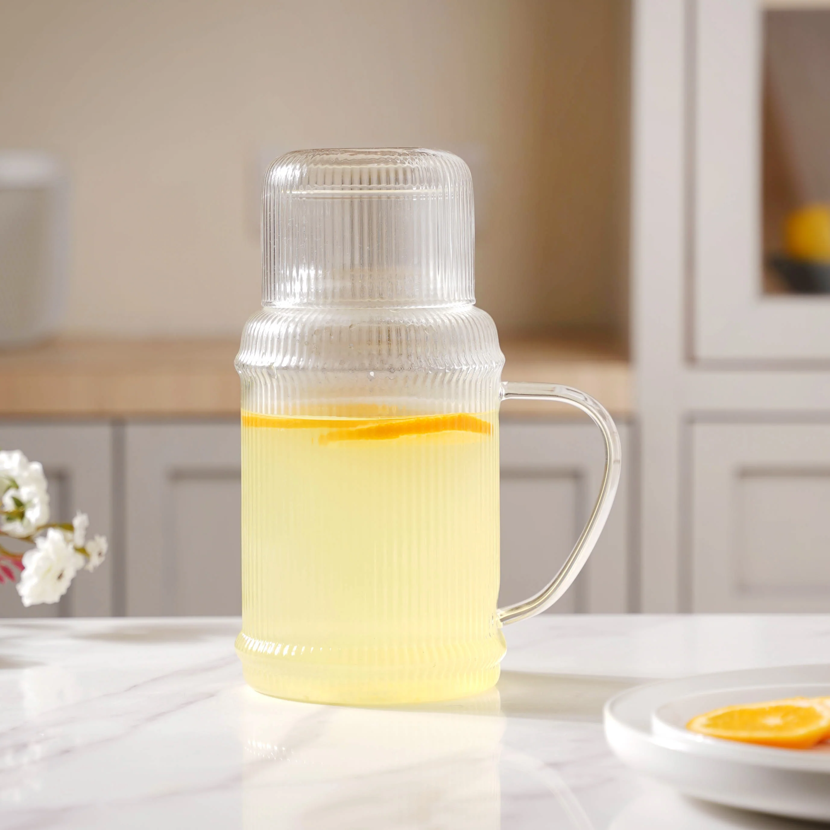 Modern Ribbed Glass Jug and Cup Set - Image 4