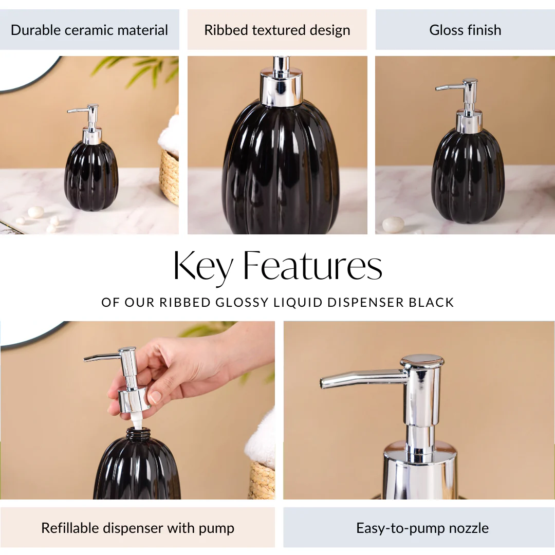 Ribbed Glossy Liquid Dispenser Black 400ml - Image 5