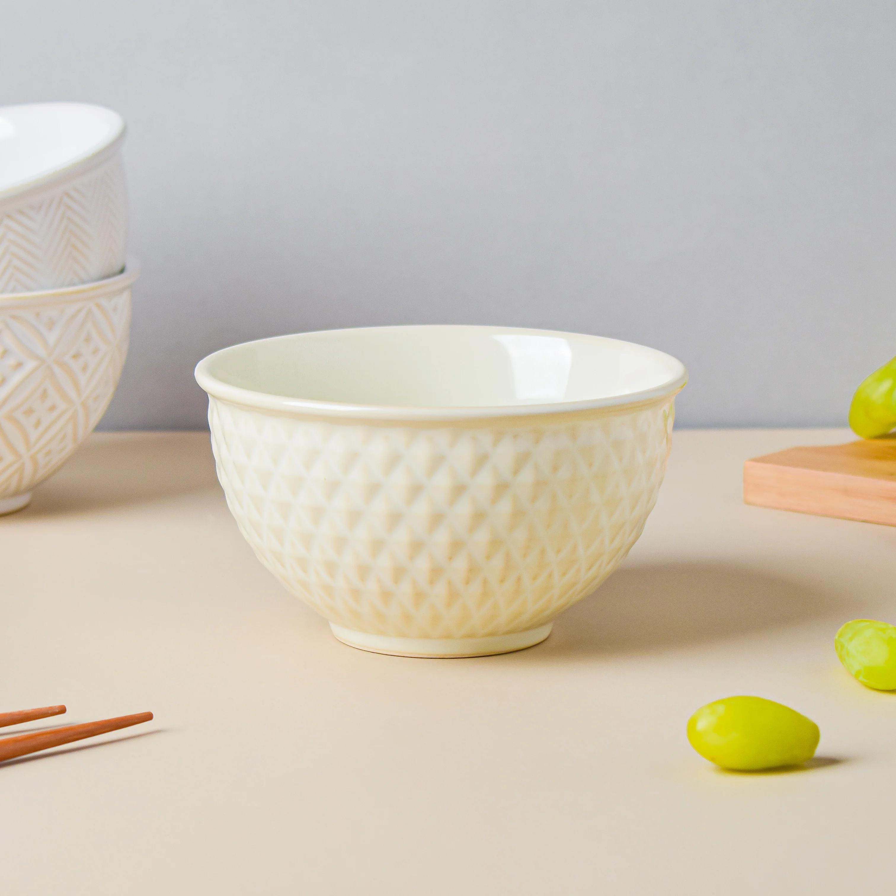 Riona Diamond Ceramic Bowl For Dessert Off White 300 ml - Image 3