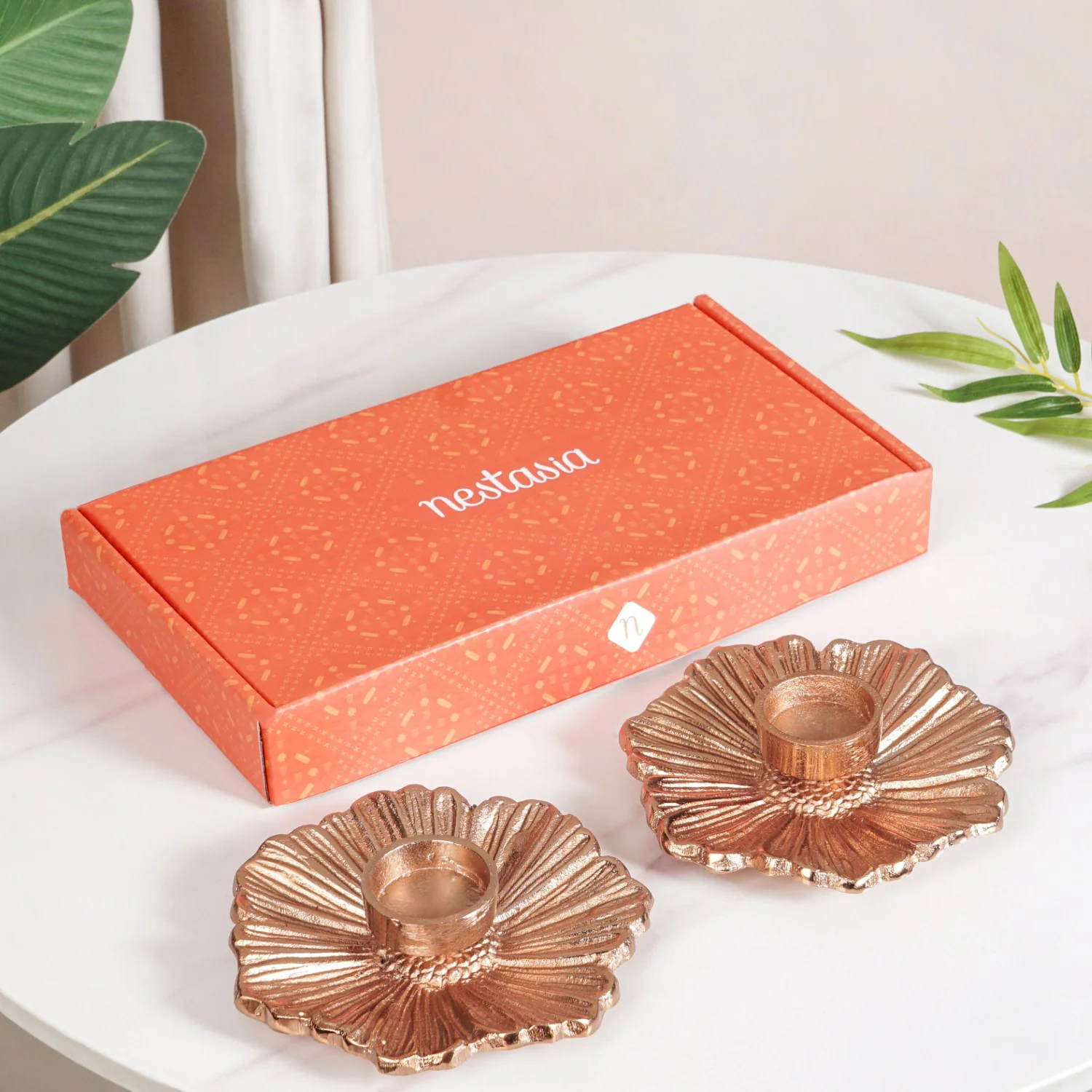 Rose Gold Tealight Candle Holder Set Of 2 In Festive Gift Box - Image 2