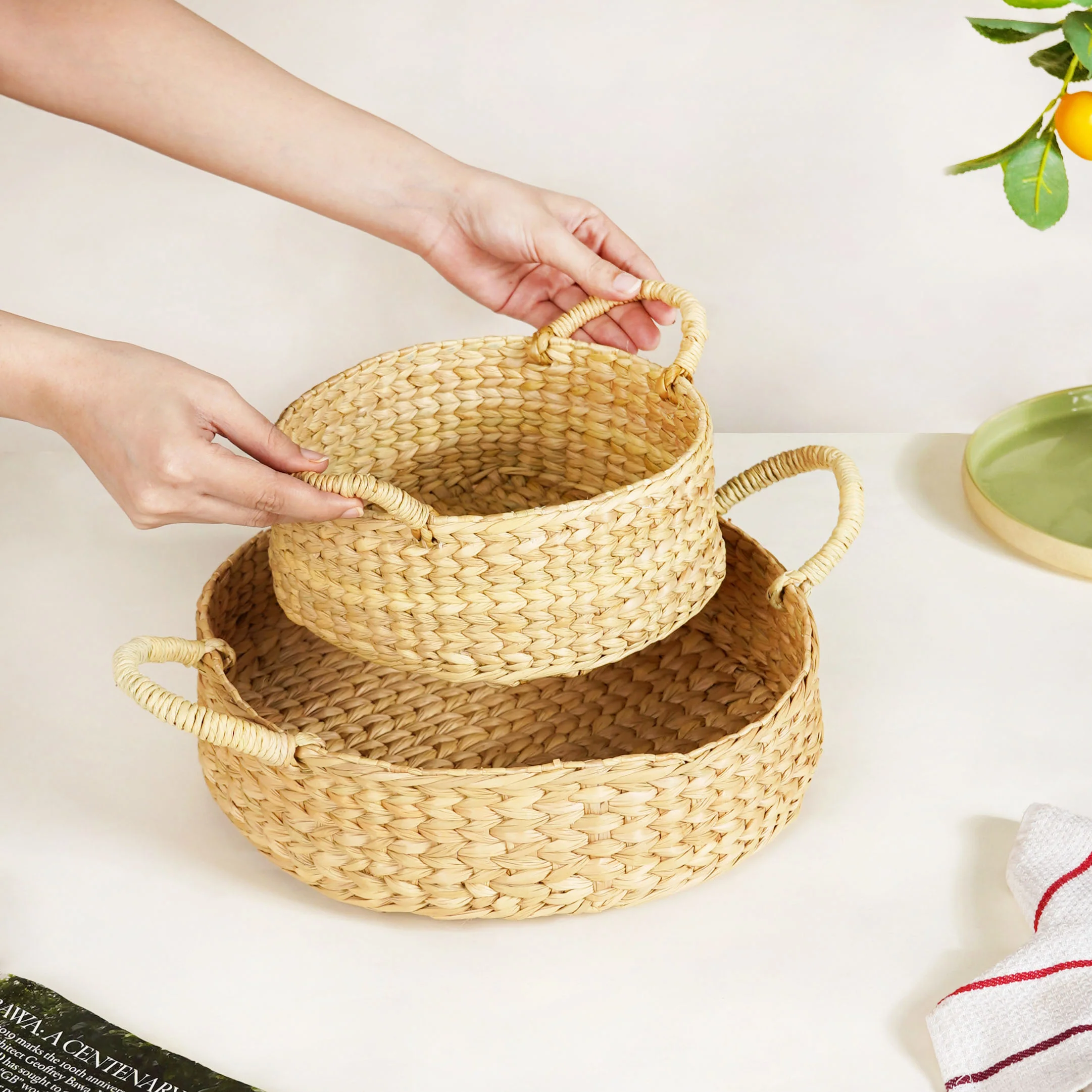 Round Handwoven Organic Kitchen Baskets Set Of 2 - Image 3