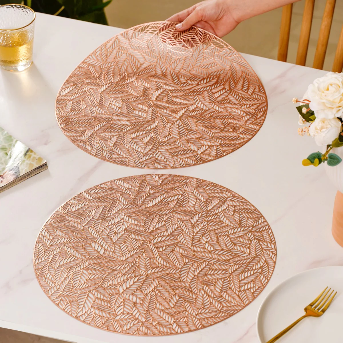 Round Rose Gold Cutwork Table Mat Set Of 6