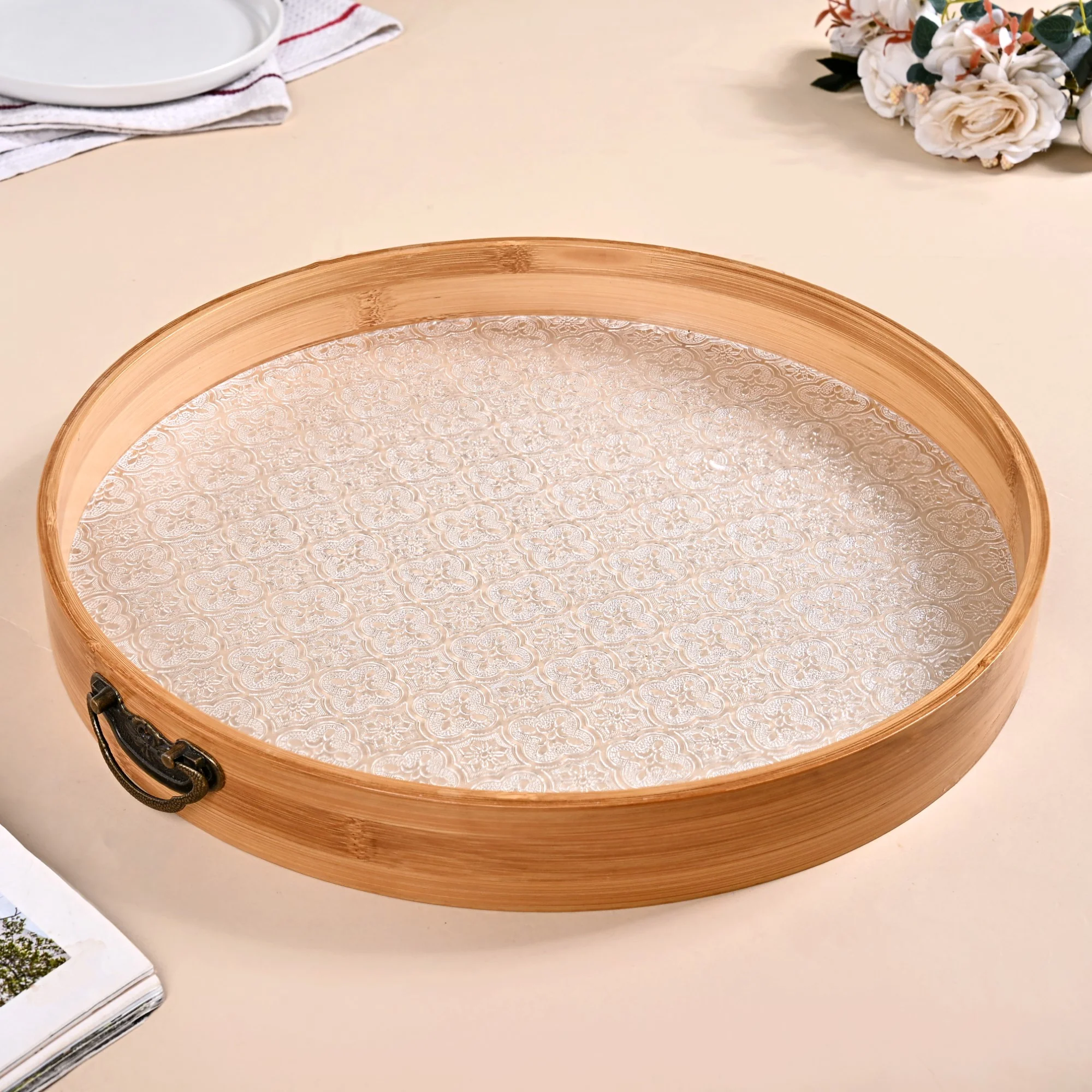 Round Tray With Embossed Acrylic Base And Bamboo Rim - Image 3