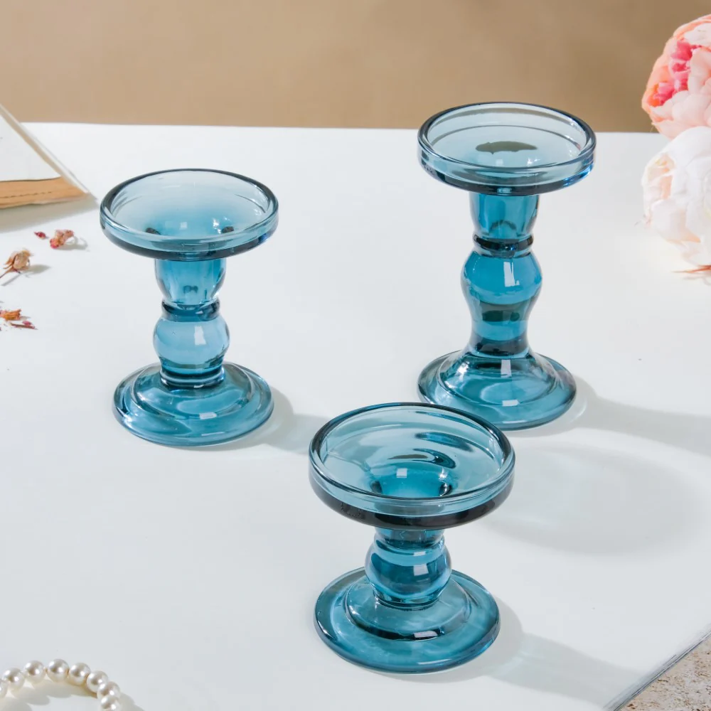 Royal Blue Glass Candle Stand Set Of 3 - Image 2