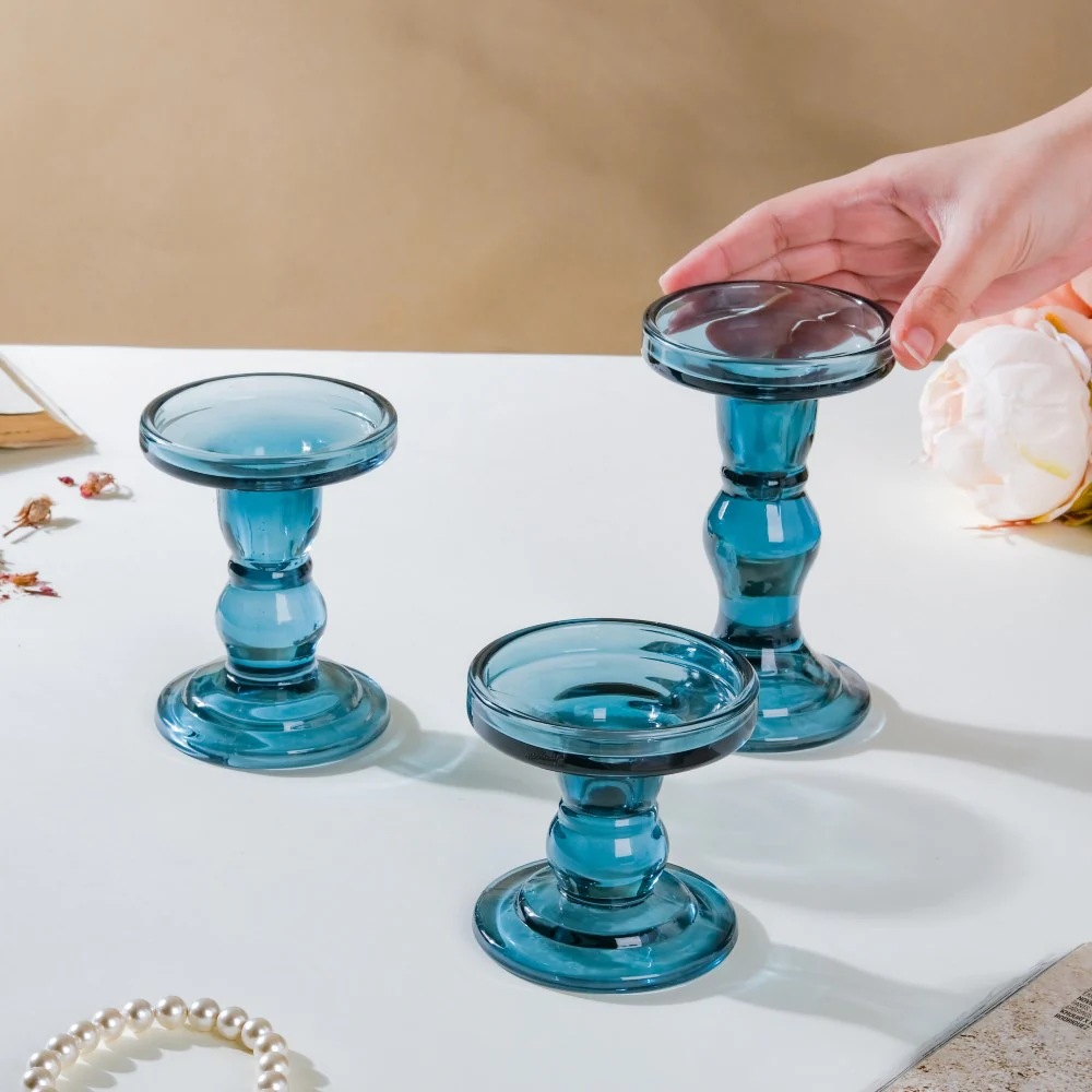 Royal Blue Glass Candle Stand Set Of 3 - Image 3