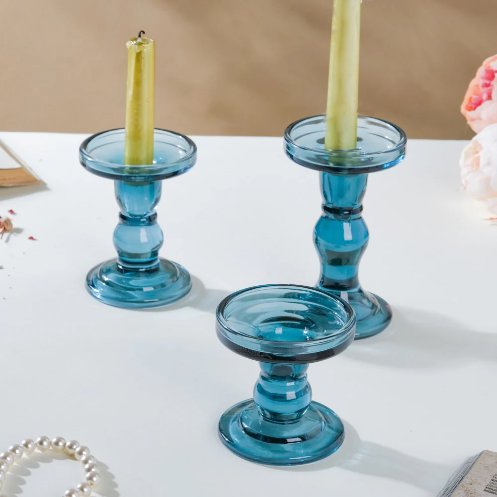 Royal Blue Glass Candle Stand Set Of 3 - Image 4