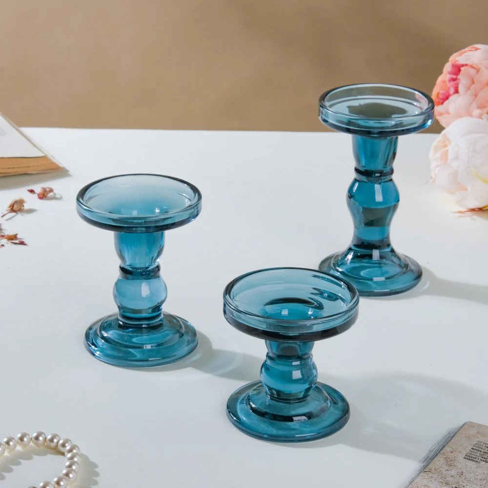 Royal Blue Glass Candle Stand Set Of 3 - Image 5