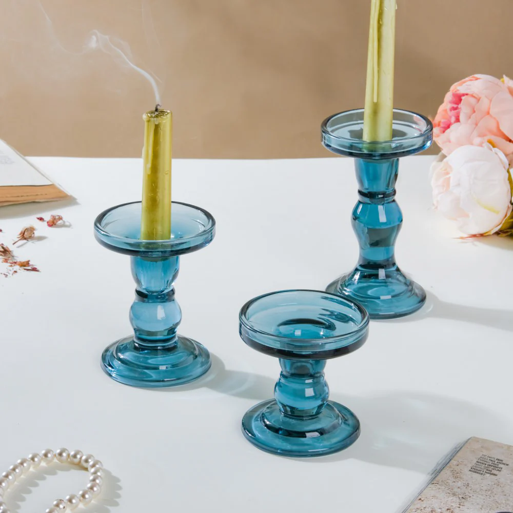 Royal Blue Glass Candle Stand Set Of 3 - Image 6
