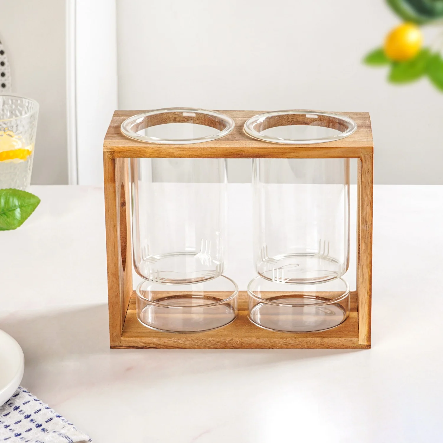 Rustic Wooden Cutlery Stand With Glass Holders - Image 11