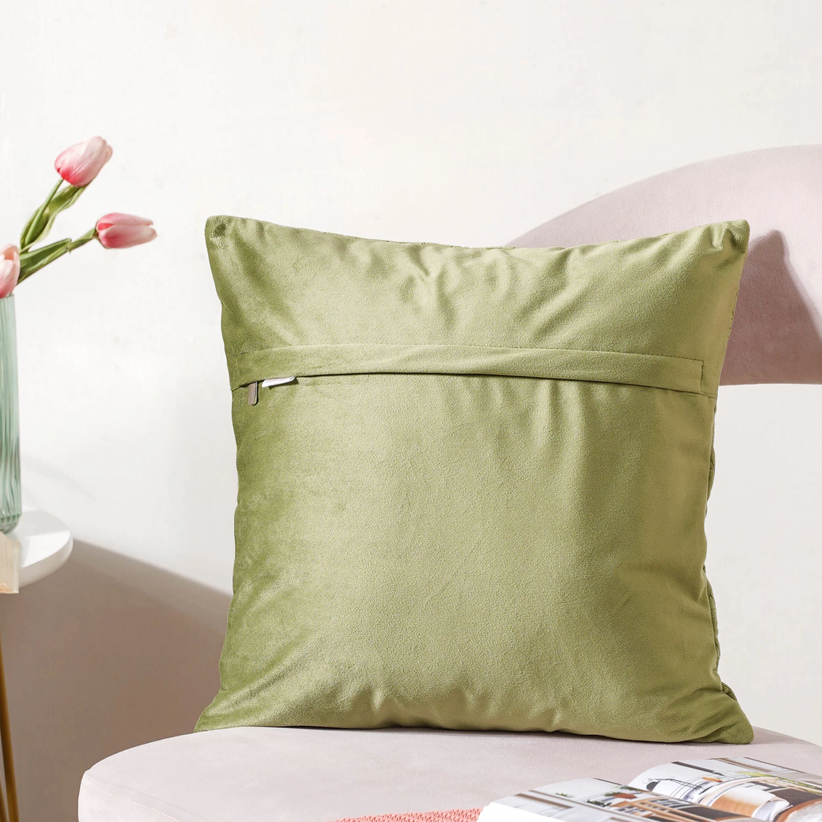 Sage Green Geometric Quilted Velvet Cushion Cover 16 Inch - Image 7