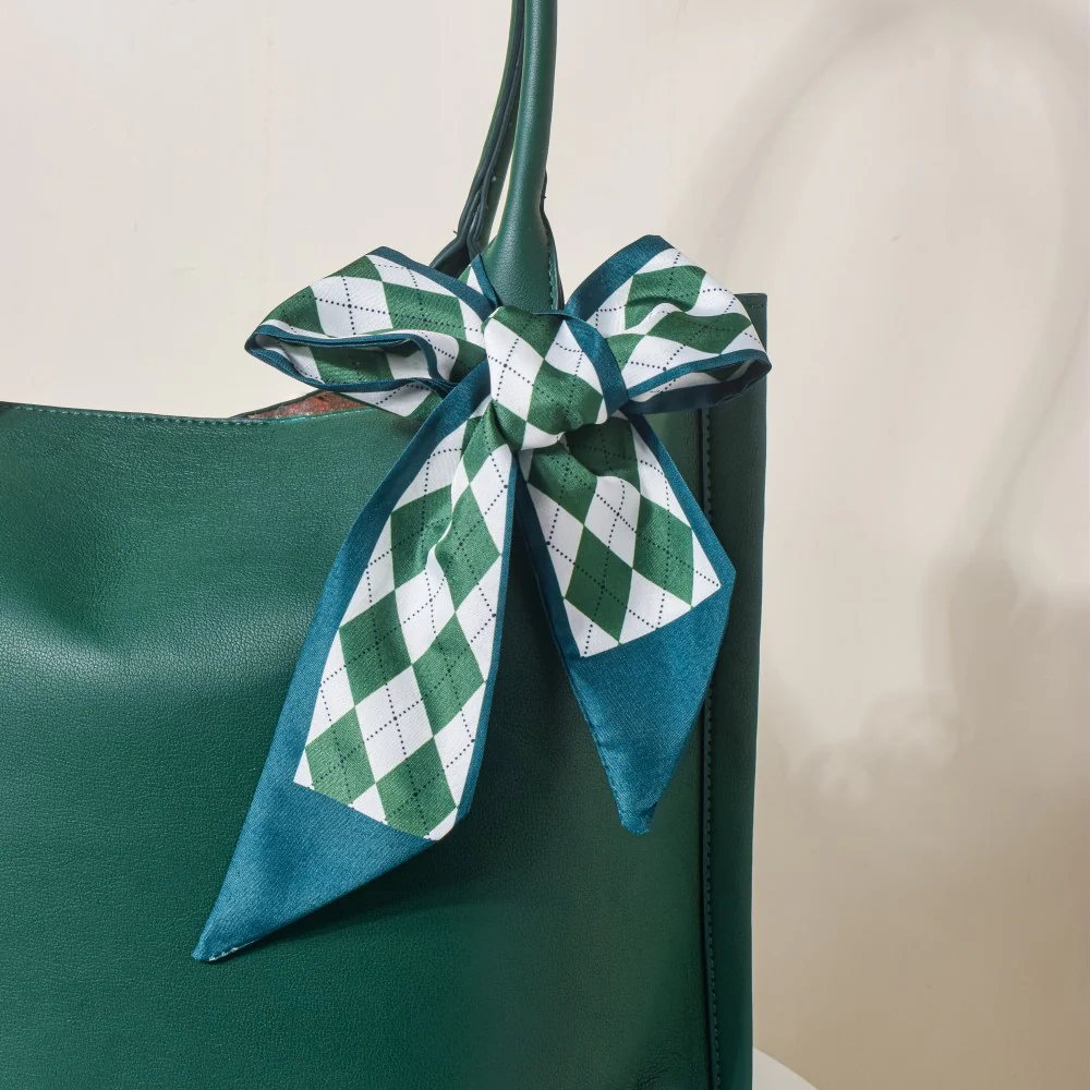 Satin Skinny Scarf Green And White 34 Inch Set of 2 - Image 2