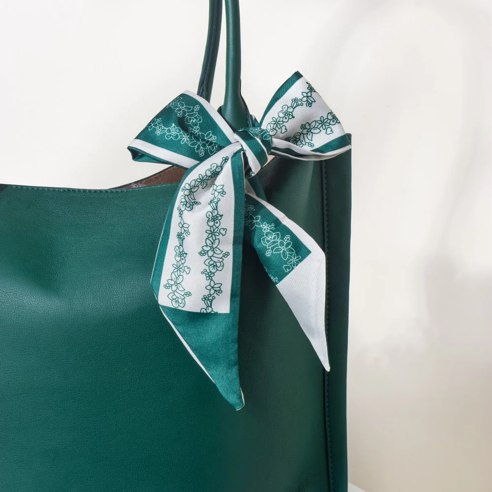 Satin Skinny Scarf Green And White 34 Inch Set of 2 - Image 3