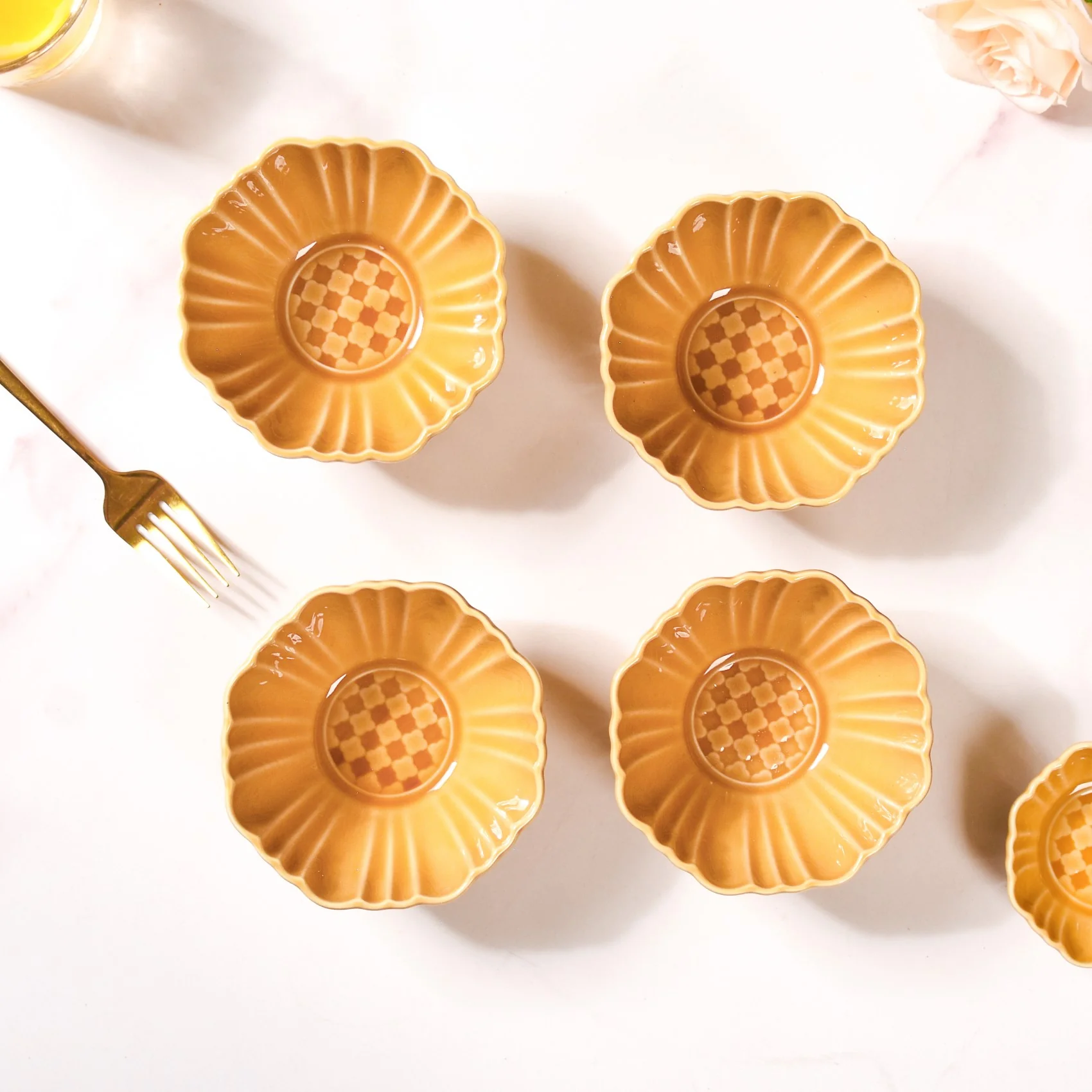 Scallop Rimmed Ceramic Soup Bowl Set Of 4 Yellow Ochre 350ml - Image 7