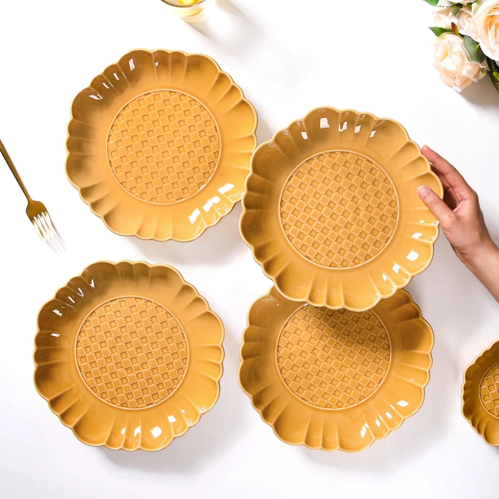 Scalloped Moroccan Dinner Plate Set Of 4 Yellow Ochre 10 Inch - Image 2