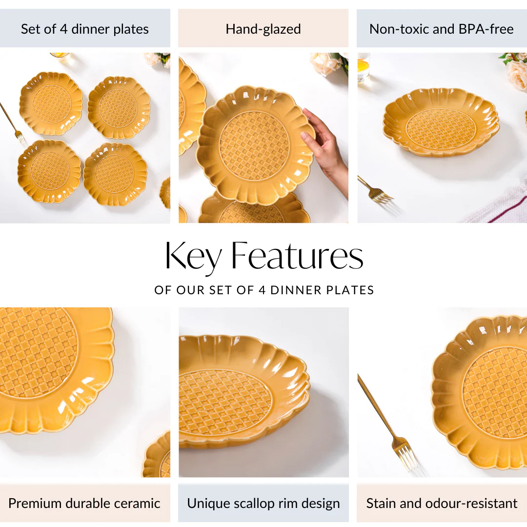 Scalloped Moroccan Dinner Plate Set Of 4 Yellow Ochre 10 Inch - Image 4
