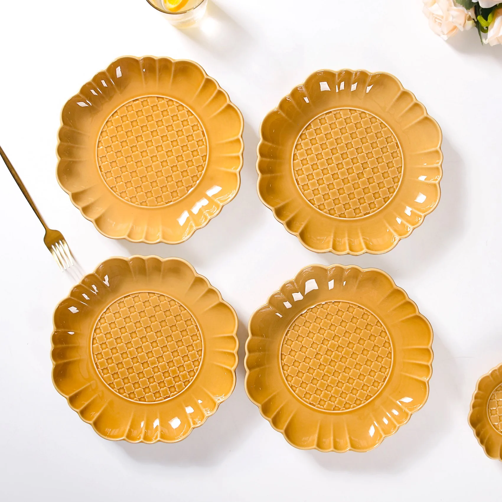 Scalloped Moroccan Dinner Plate Set Of 4 Yellow Ochre 10 Inch - Image 9