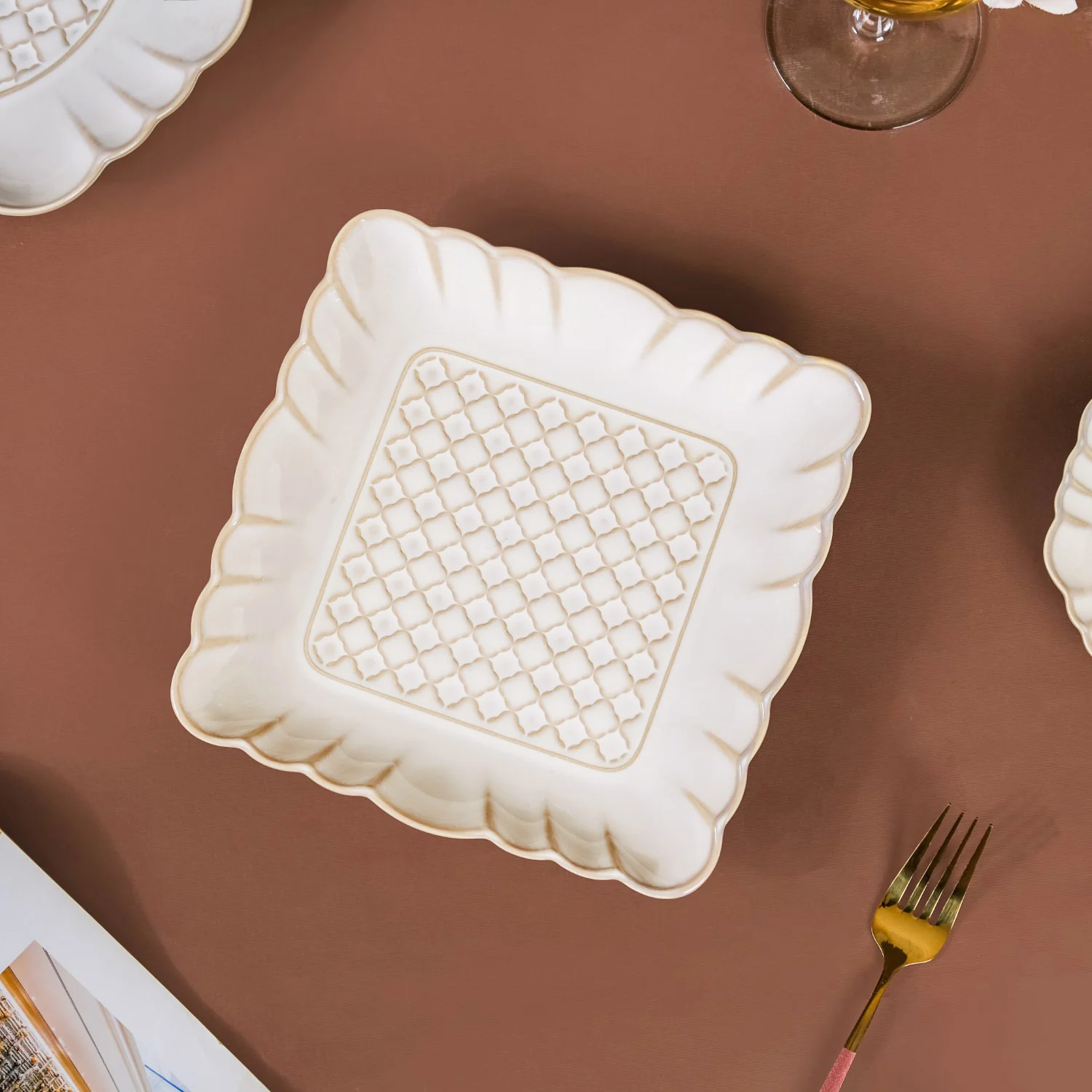 Scalloped Rimmed Square Platter Set Of 2 Ivory 8 Inch - Image 7