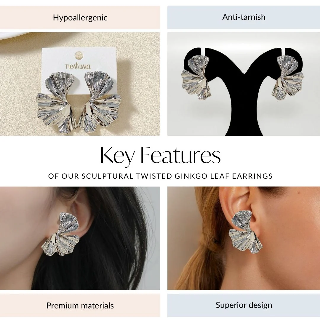 Sculptural Twisted Ginkgo Leaf Earrings - Image 4