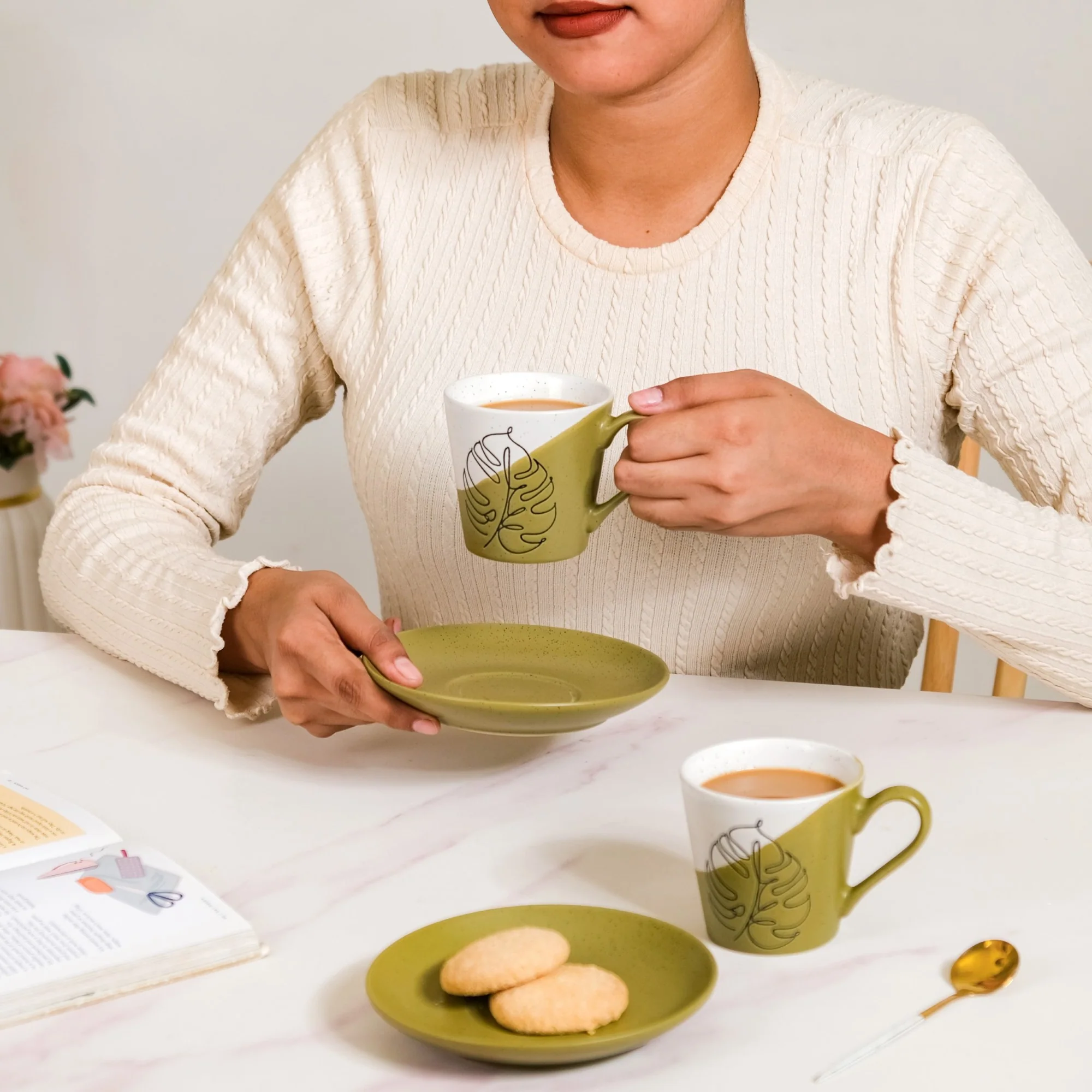 Serene Tropics Ceramic Tea Cup And Saucer Set Of 4 Olive 225ml - Image 3