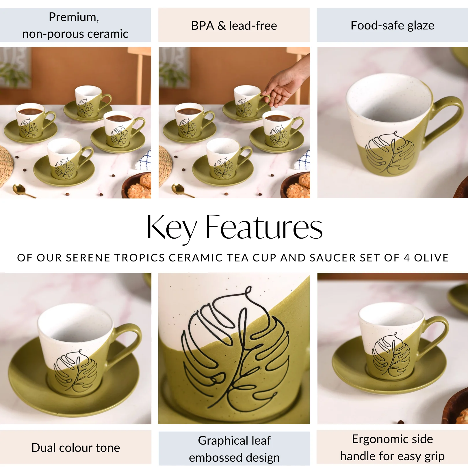 Serene Tropics Ceramic Tea Cup And Saucer Set Of 4 Olive 225ml - Image 5