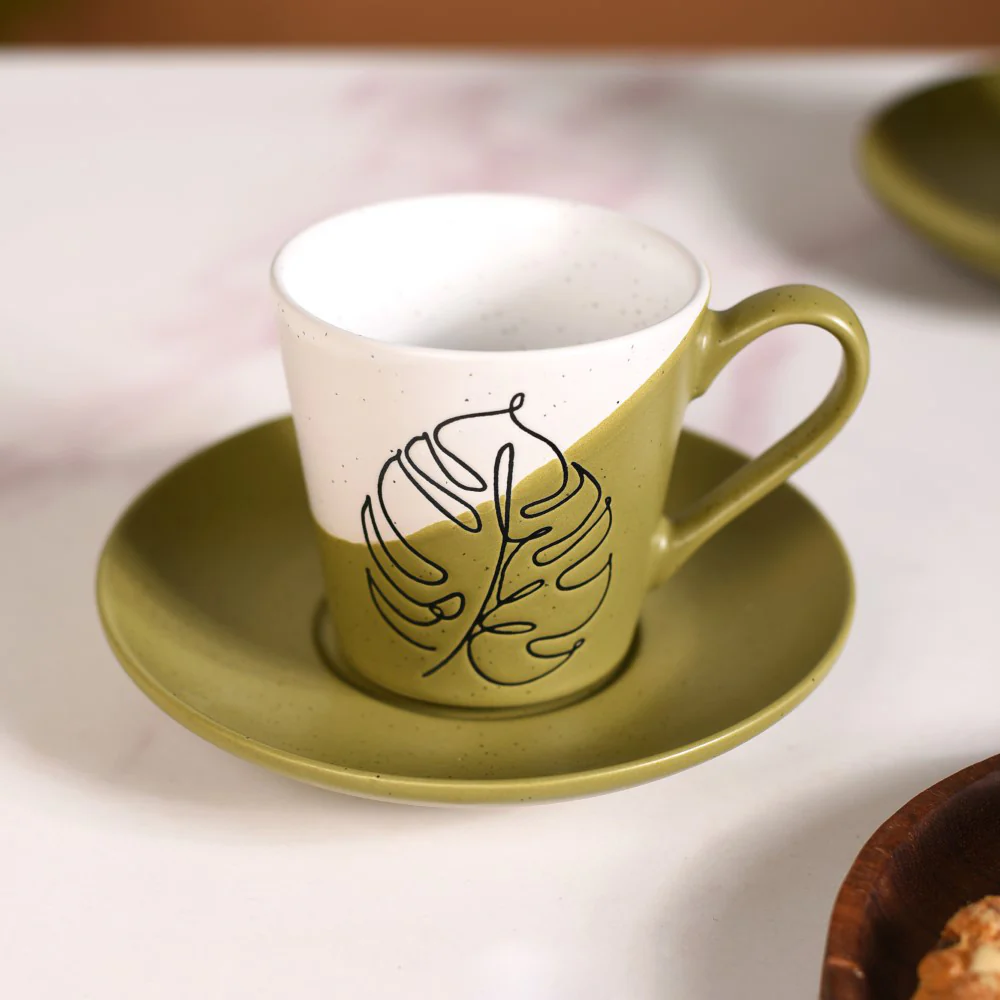Serene Tropics Ceramic Tea Cup And Saucer Set Of 4 Olive 225ml - Image 6