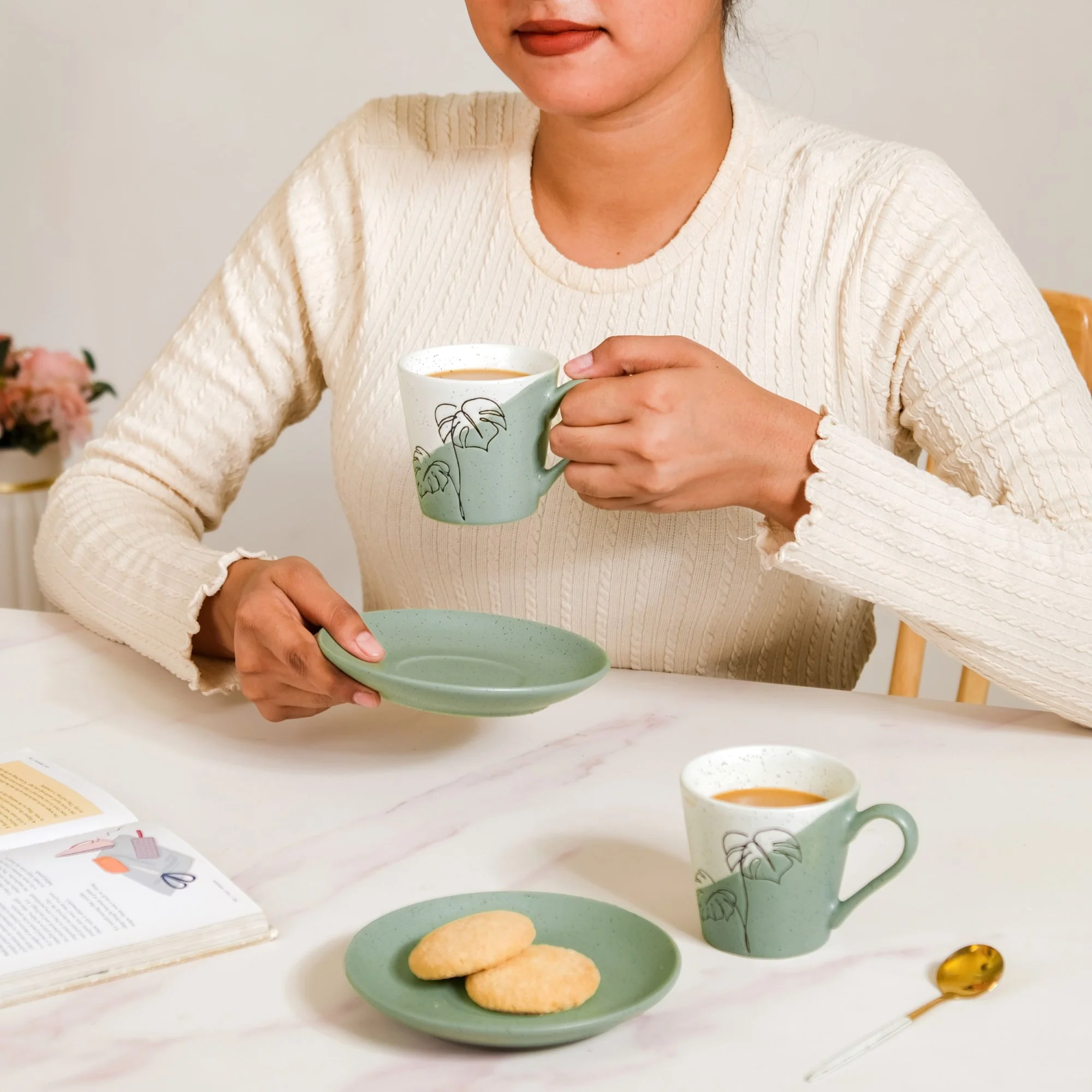 Serene Tropics Ceramic Tea Cup Saucer Set Of 4 Sage 225ml - Image 2