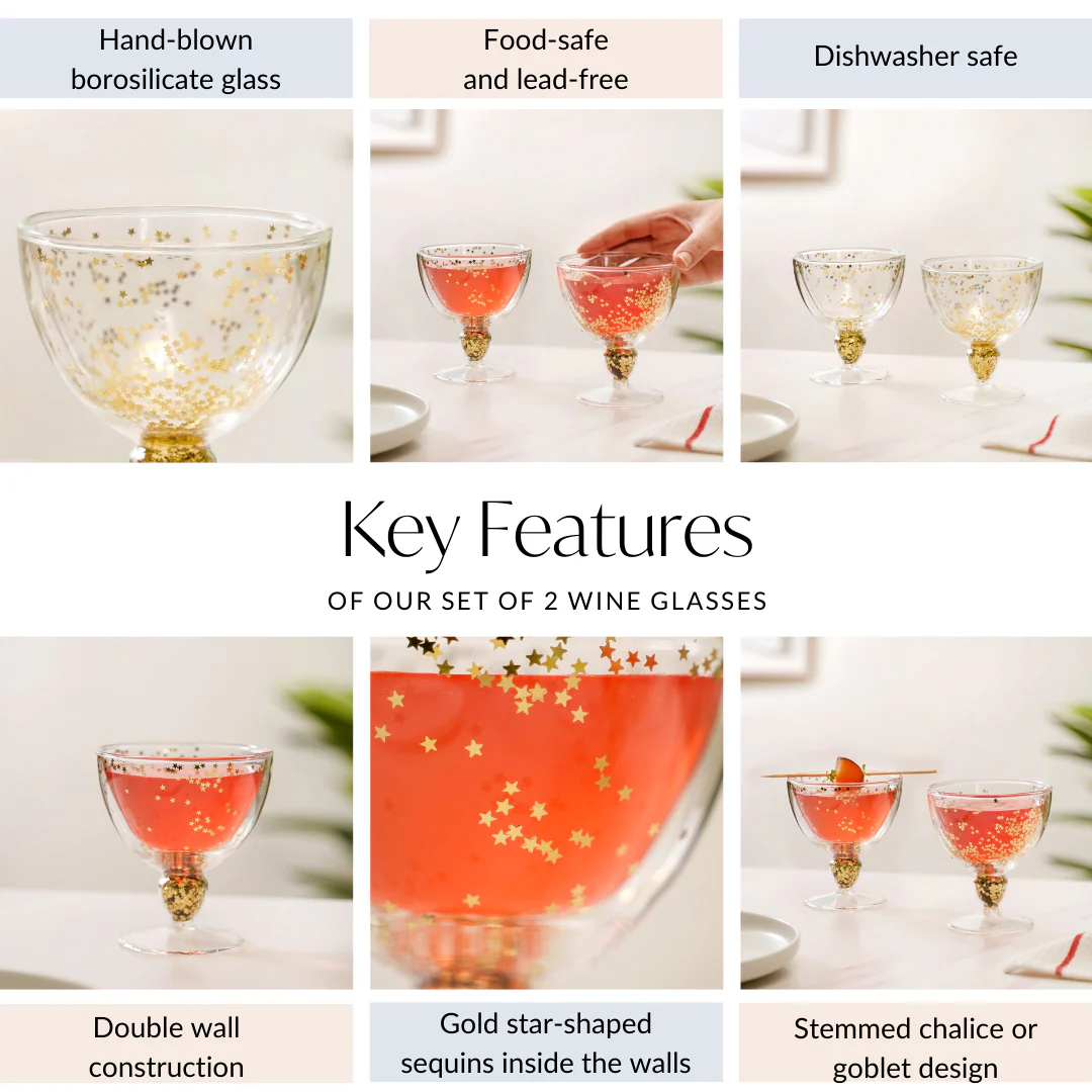 Set Of 2 Gold Confetti Filled Double Walled Wine Glass Goblet 250ml - Image 5