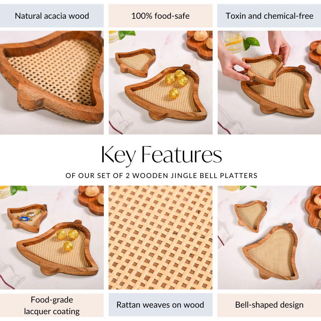 Set Of 2 Jingle Bells Wooden Platters With Rattan Weave - Image 7