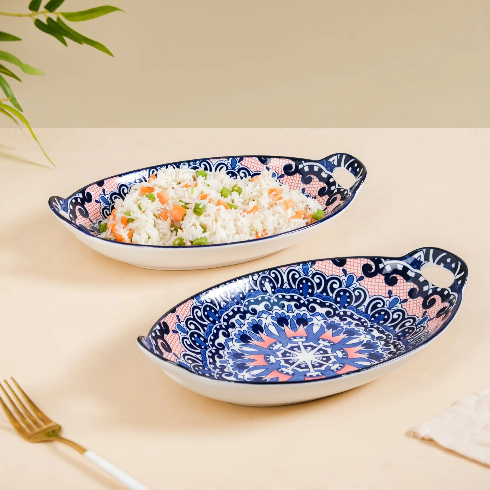 Set Of 2 Mandala Platters Peach And Blue - Image 3