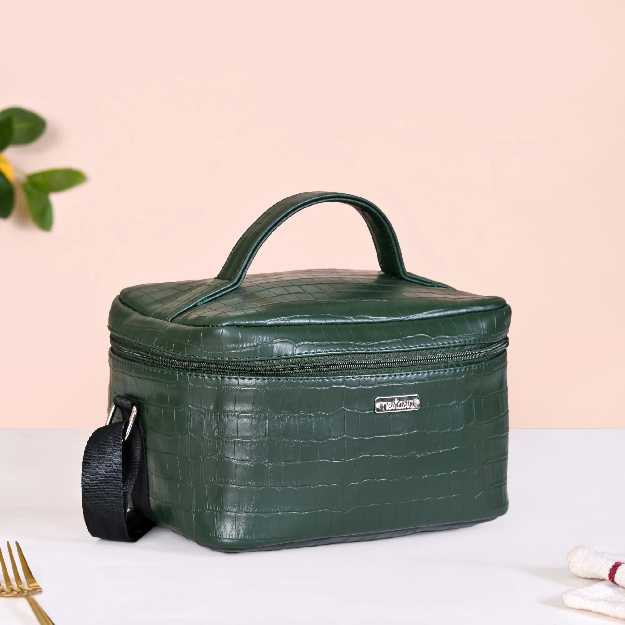 Set of 3 Lunch Box Lunch Bag Set Faux Leather Green - Image 2